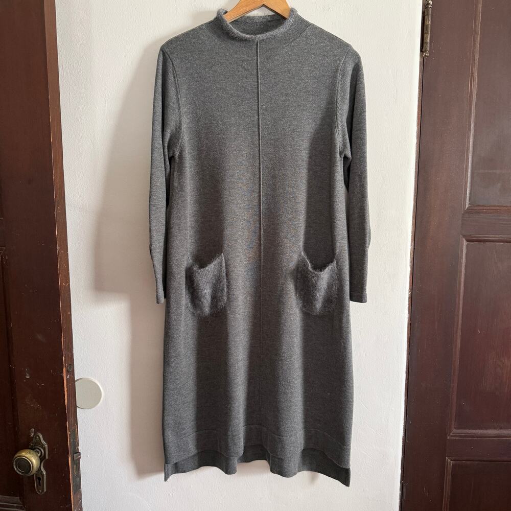 Wool Gray Long Sleeve Gray Shift Dress Angora Drape Pockets Medium Lagenlook